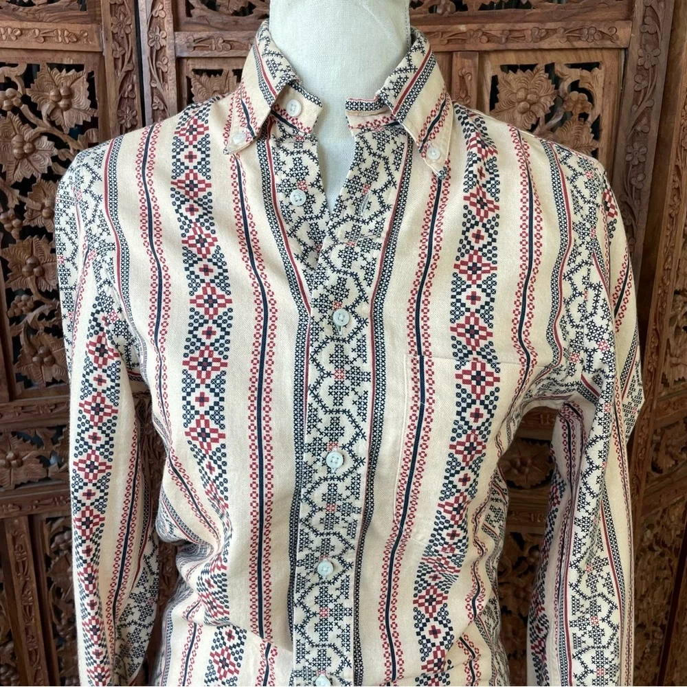 Gitman Bros Vintage Cream Button-Up Shirt with western cross stitch print - Picture 6 of 16